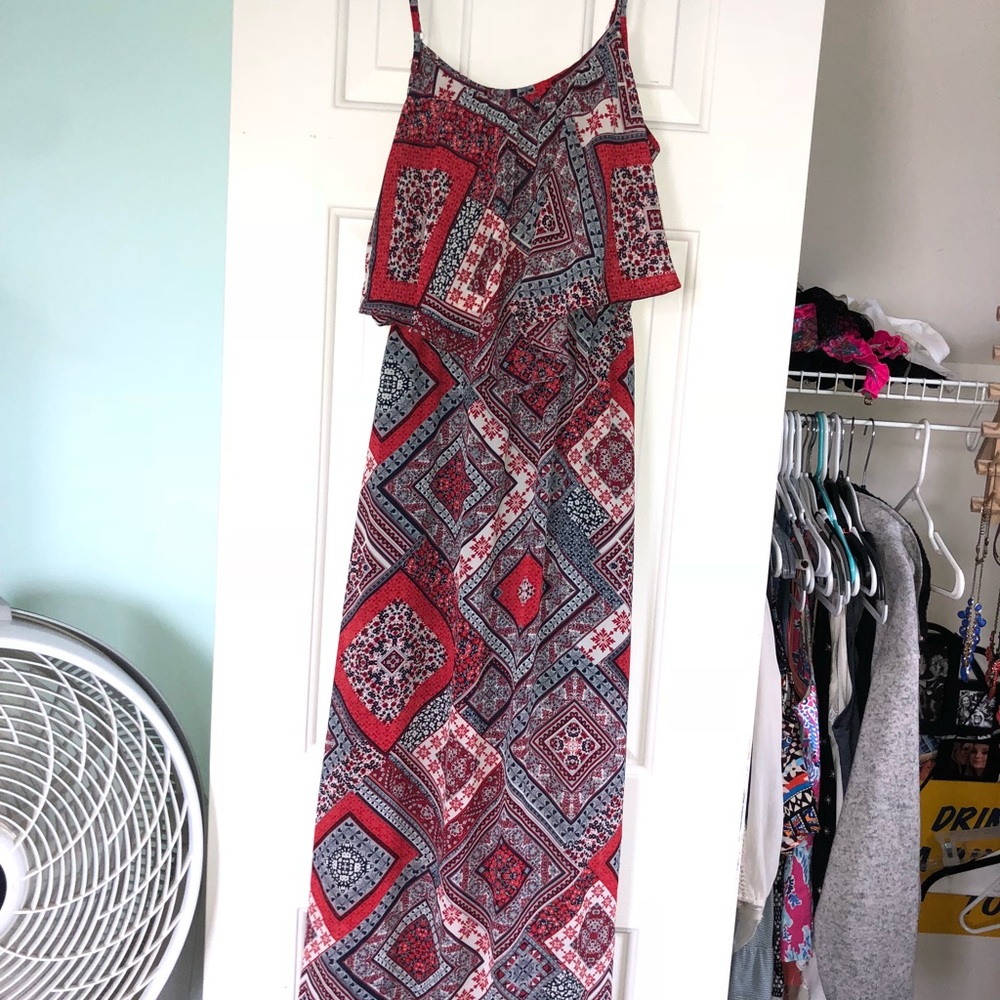 Red & Navy Patterned Maxi Dress